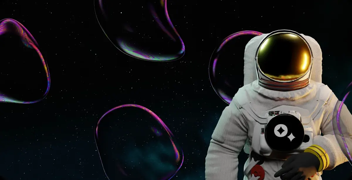 JustCasino astronaut holding the brand chip among floating bubbles in space