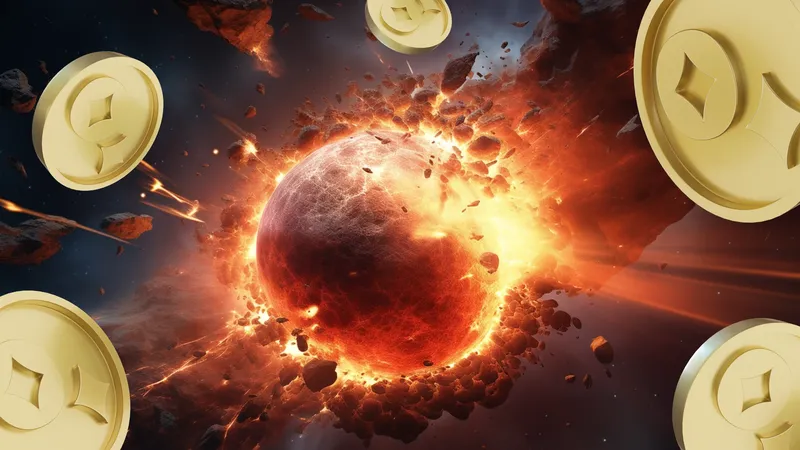 JustCasino gold coins flying around an exploding planet - the brand's prize artwork